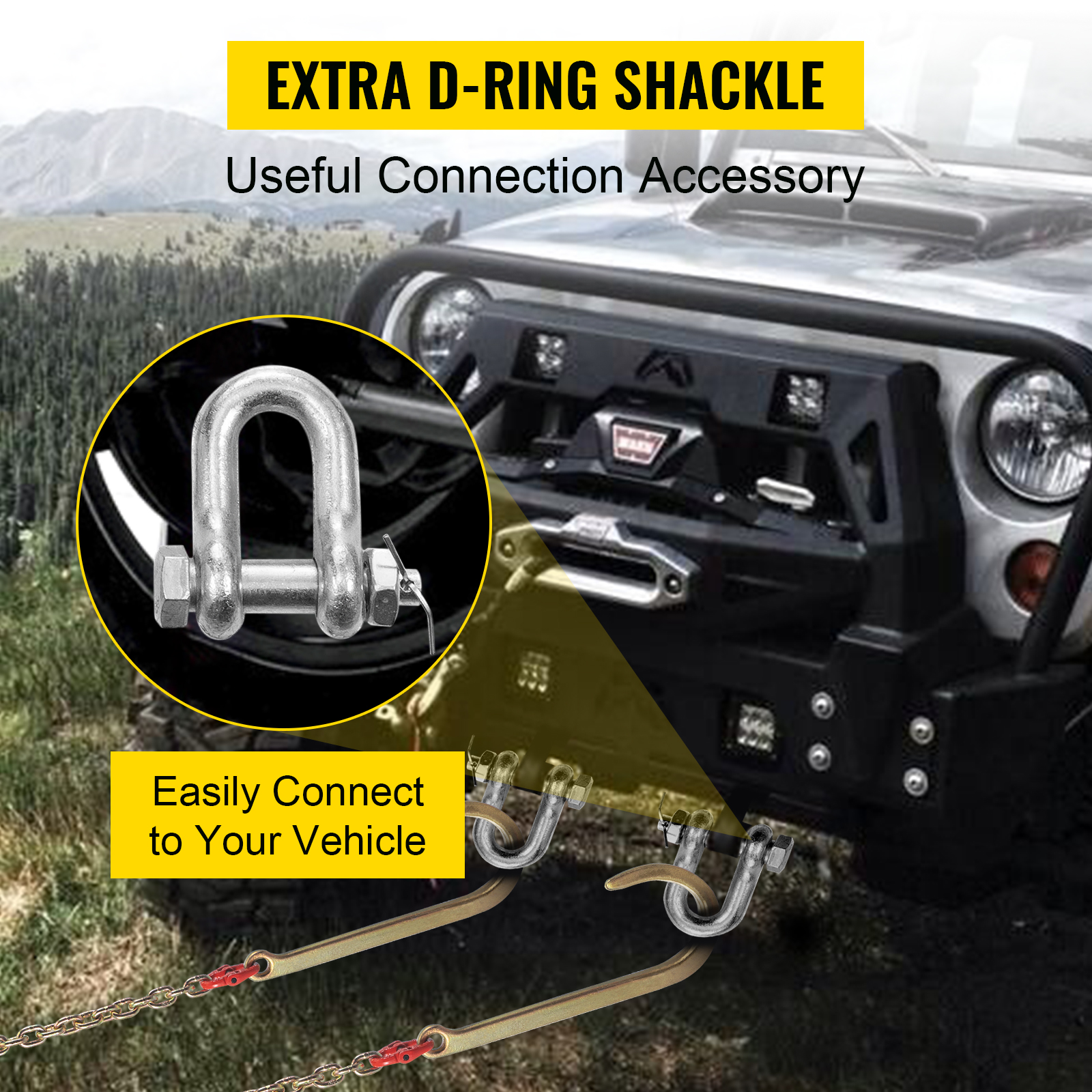 VEVOR j hook chain with extra d-ring shackle easily connects to vehicle's front bumper.