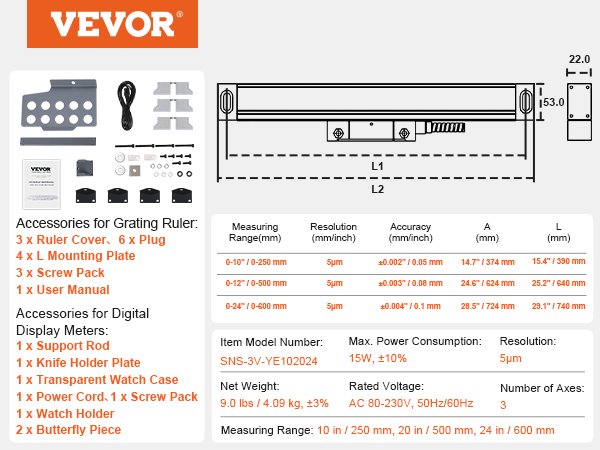 VEVOR dro display kit specifications, accessories, and dimensions for three measuring ranges.