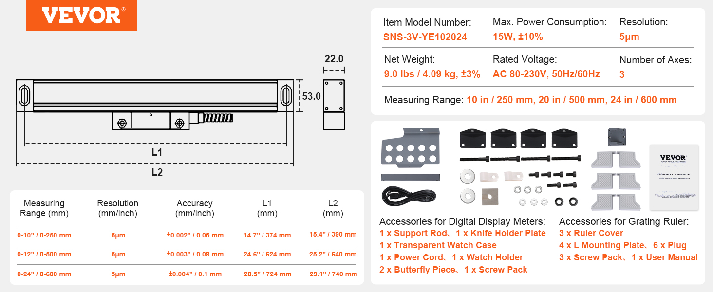 VEVOR dro display kit specifications, accessories, and dimensions for three measuring ranges.