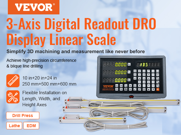 VEVOR dro display kit with 3-axis digital readout, linear scale, and flexible installation options.