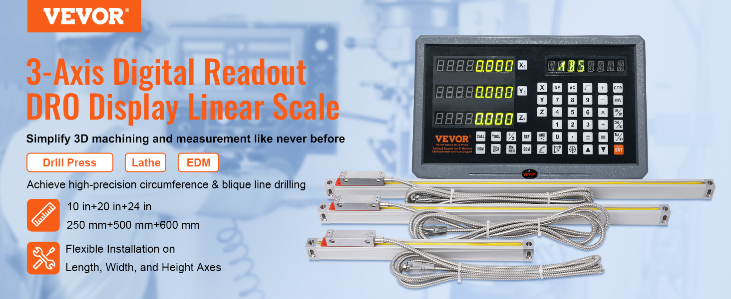 VEVOR dro display kit with 3-axis digital readout, linear scale, and flexible installation options.