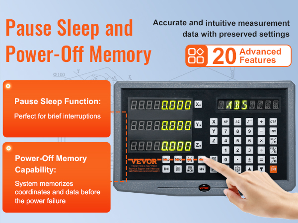 VEVOR dro display kit with pause sleep and power-off memory functions, featuring 20 advanced features.