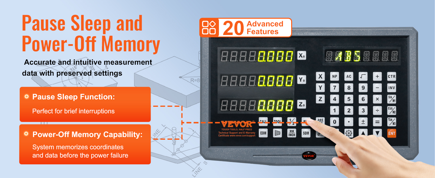 VEVOR dro display kit with pause sleep and power-off memory functions, featuring 20 advanced features.