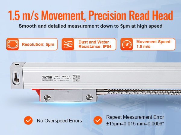VEVOR dro display kit 1.5 m/s precision read head with 5µm resolution, ip54 rating, and 0.015mm error.