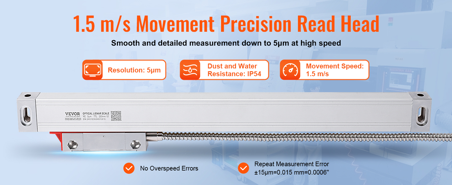 VEVOR dro display kit 1.5 m/s precision read head with 5µm resolution, ip54 rating, and 0.015mm error.