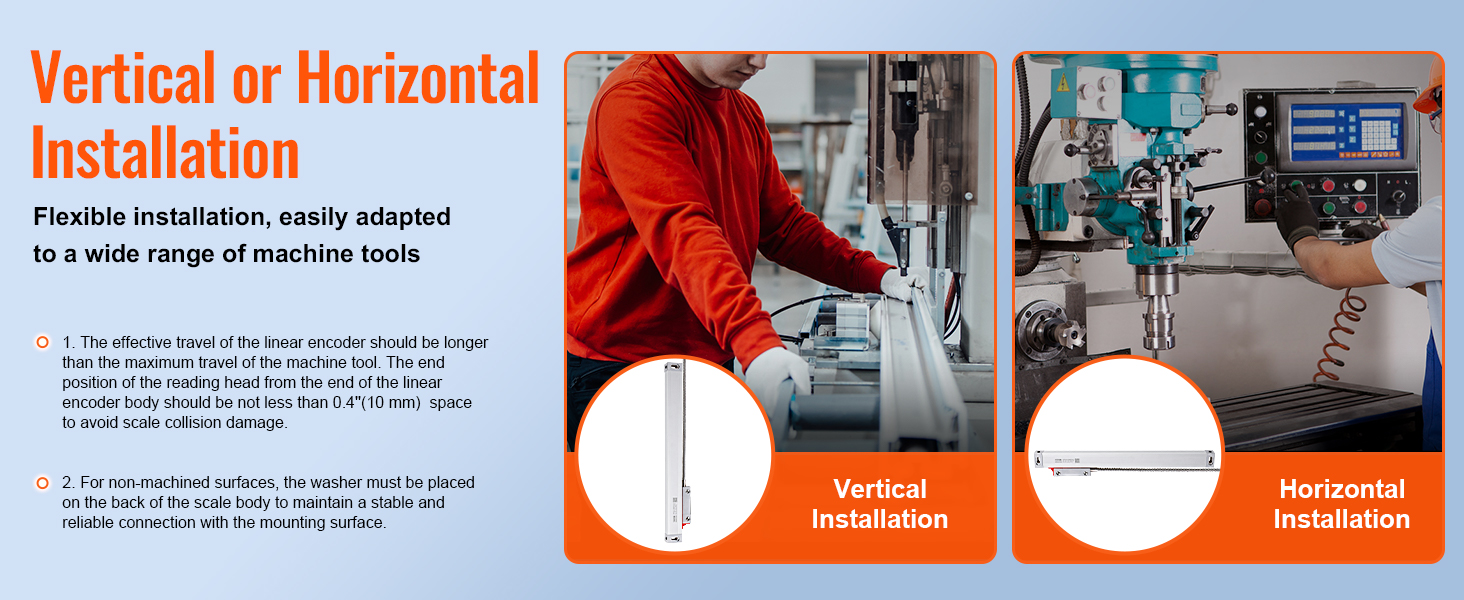 vertical or horizontal installation guide for VEVOR dro display kit with images of vertical and horizontal setups.