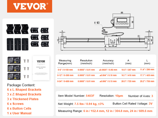 VEVOR digital readout with 6", 12", 24" measuring range; includes brackets, plates, screws, and manual.