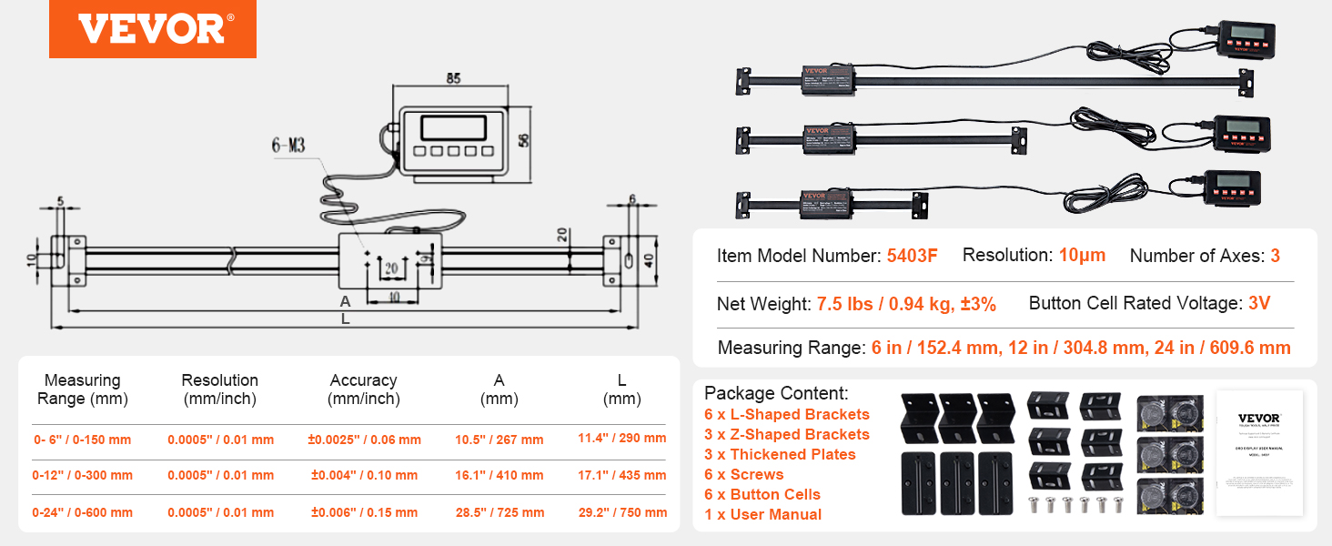 VEVOR digital readout with 6", 12", 24" measuring range; includes brackets, plates, screws, and manual.