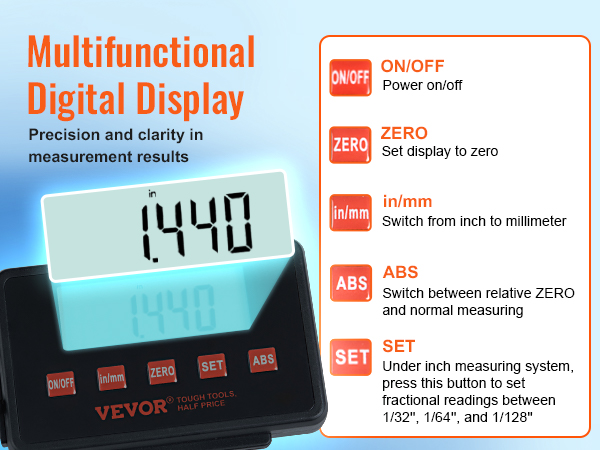 VEVOR digital readout with multifunctional display, precision measurement buttons, and inch/millimeter switch.