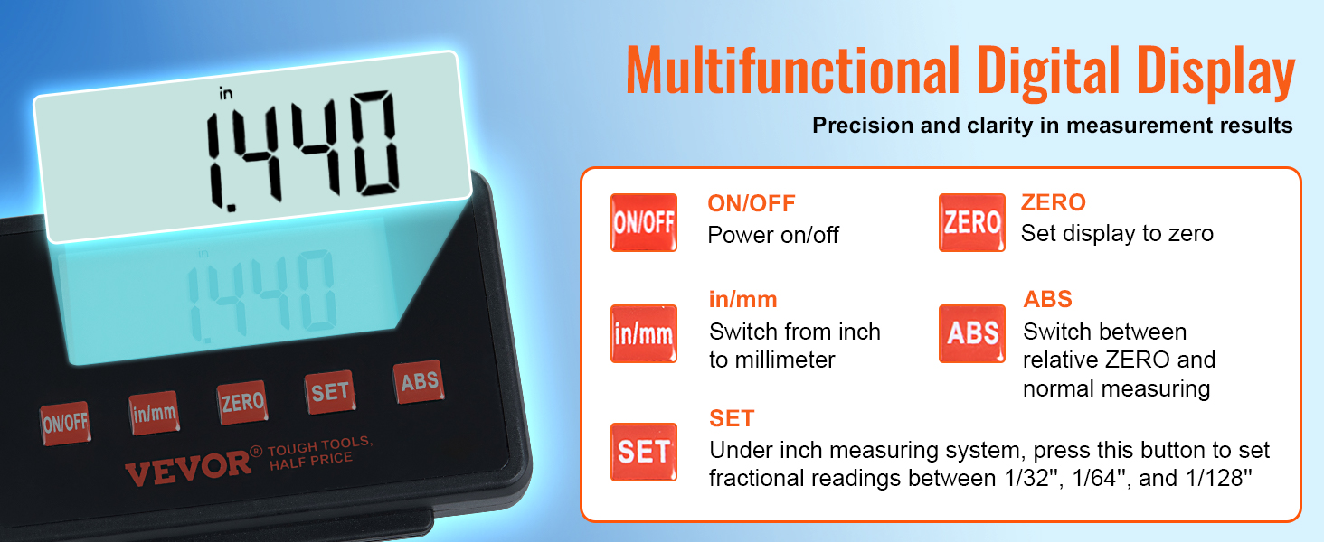 VEVOR digital readout with multifunctional display, precision measurement buttons, and inch/millimeter switch.