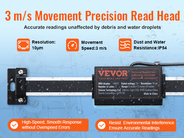 VEVOR digital readout displaying 3 m/s, ip54, 10μm resolution, high-speed, accurate readings even in water.
