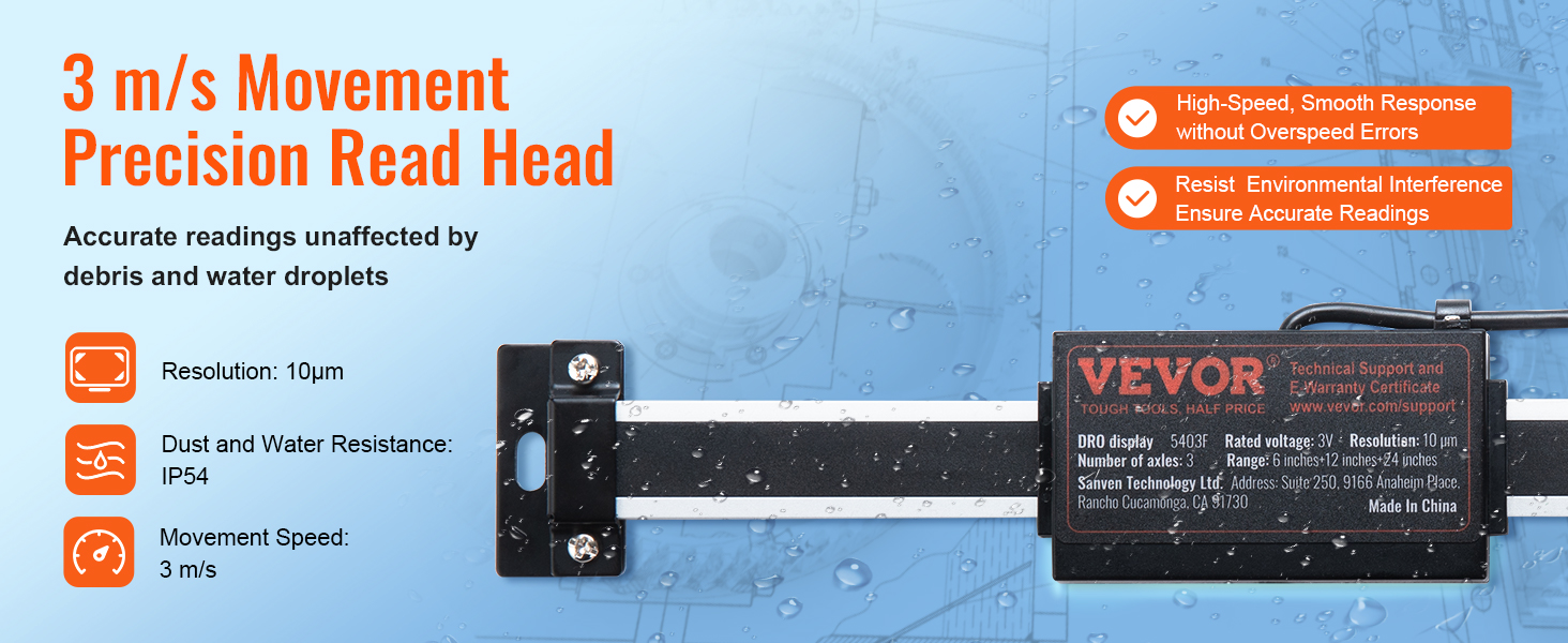 VEVOR digital readout displaying 3 m/s, ip54, 10μm resolution, high-speed, accurate readings even in water.