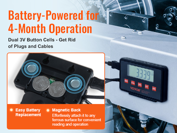 battery-powered VEVOR digital readout with easy battery replacement, magnetic back, dual 3v button cells.