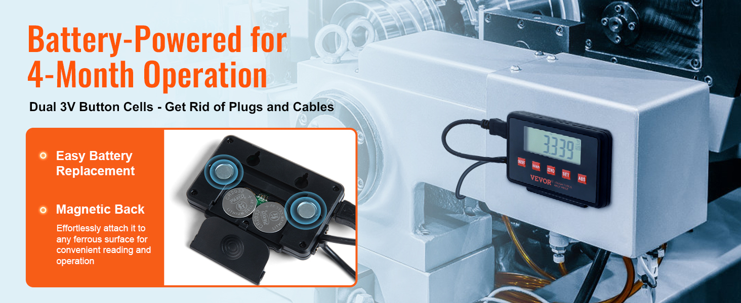 battery-powered VEVOR digital readout with easy battery replacement, magnetic back, dual 3v button cells.