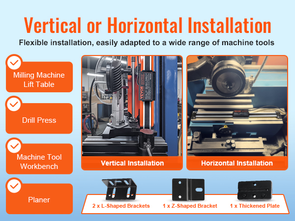 VEVOR digital readout installation options for milling machines, drill presses, workbenches, and planers.