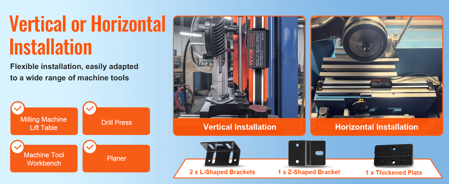 VEVOR digital readout installation options for milling machines, drill presses, workbenches, and planers.