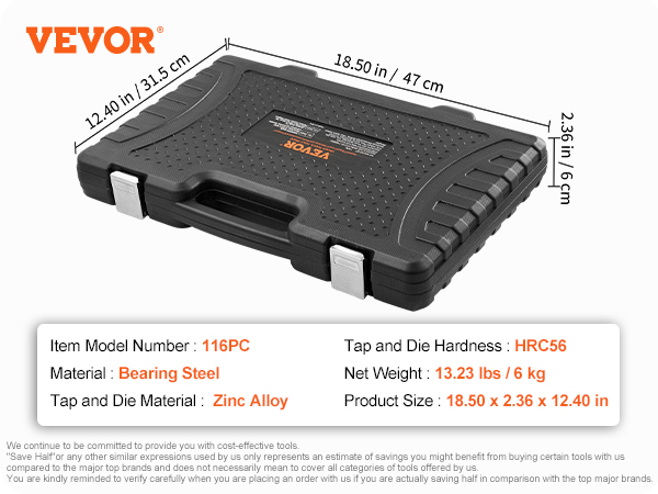 black VEVOR tap and die set case, model 116pc, with dimensions 18.50 x 2.36 x 12.40 in.