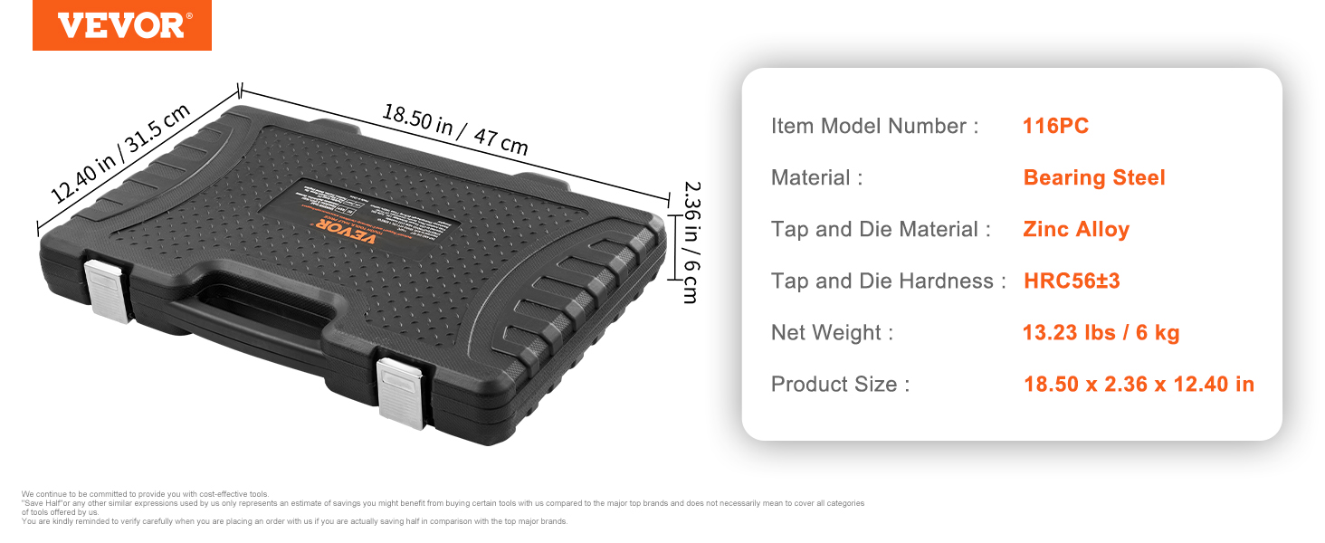 black VEVOR tap and die set case, model 116pc, with dimensions 18.50 x 2.36 x 12.40 in.
