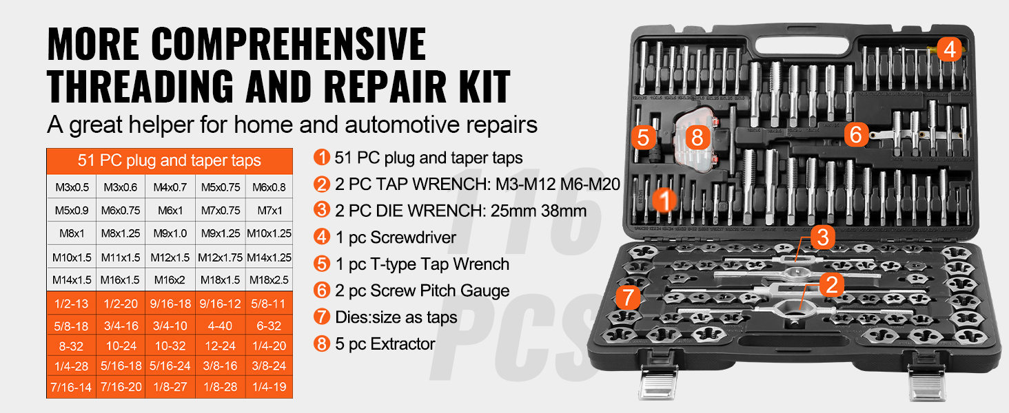 VEVOR tap and die set displaying 51 pc plug and taper taps, wrenches, screwdrivers, and extractors in a case.