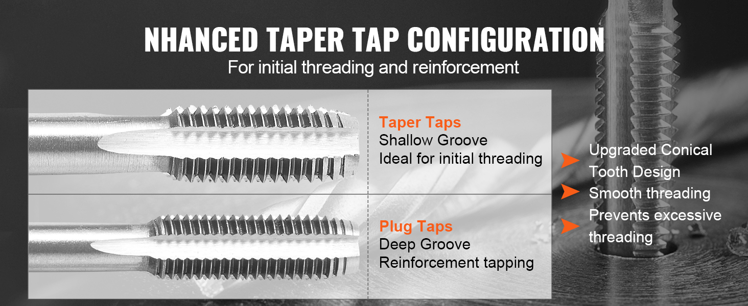 enhanced taper and plug taps for initial threading and reinforcement in VEVOR tap and die set.