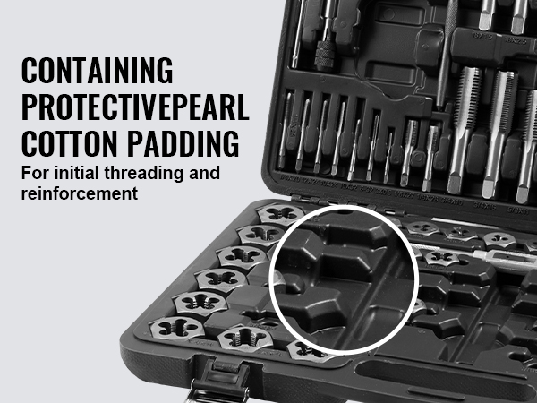VEVOR tap and die set with protective cotton padding to prevent tools from bumping and wearing.