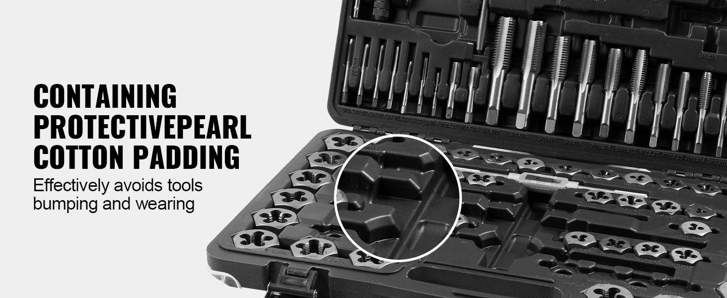 VEVOR tap and die set with protective cotton padding to prevent tools from bumping and wearing.