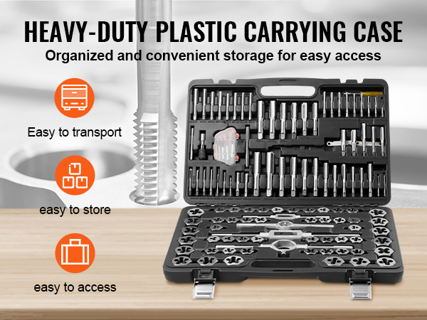 VEVOR tap and die set in heavy-duty plastic carrying case, organized for easy transport and storage.