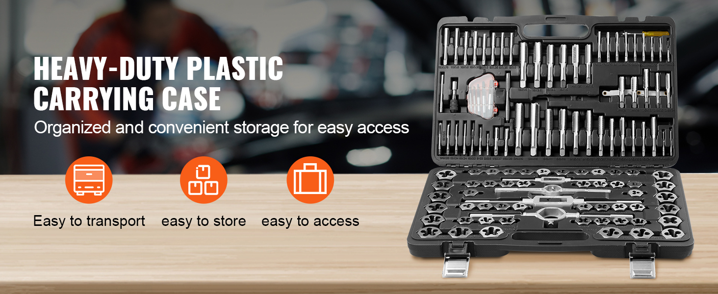 VEVOR tap and die set in heavy-duty plastic carrying case, organized for easy transport and storage.