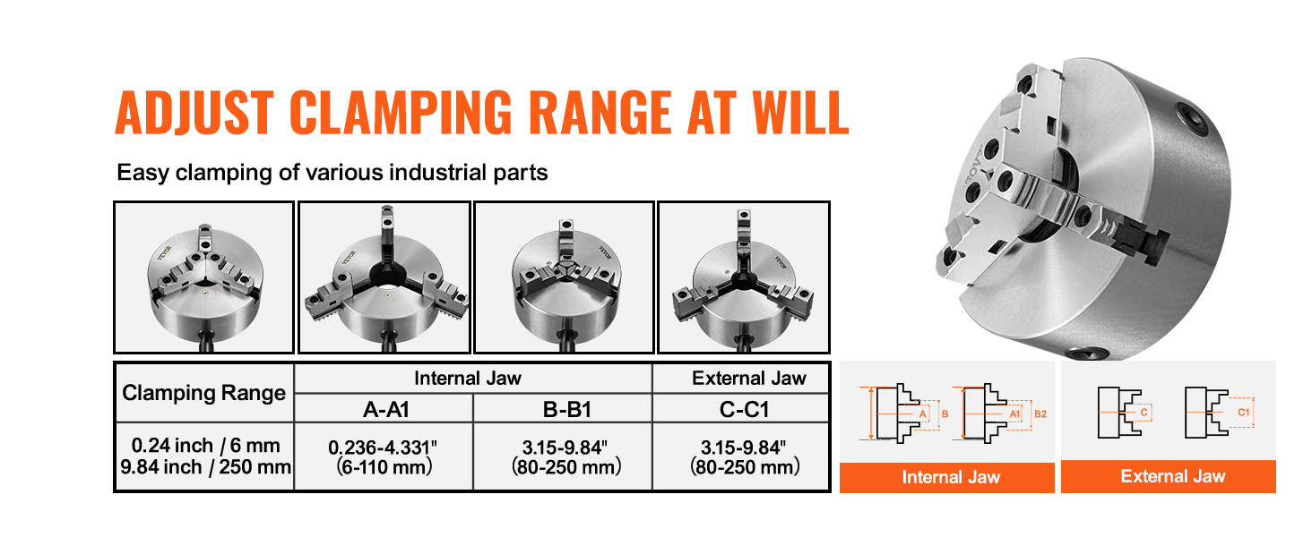VEVOR 3-jaw lathe chuck, adjustable clamping range, internal and external jaws for industrial parts.