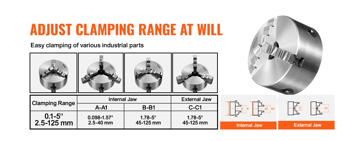 VEVOR 3-jaw lathe chuck with adjustable clamping range from 0.1-5 inches for easy clamping.