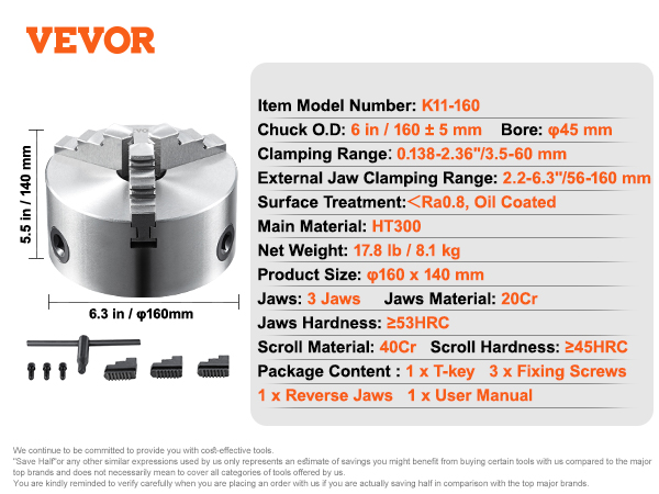 VEVOR 3-jaw lathe chuck with model number k11-160, 6 in o.d, dimensions, and jaw specifications.