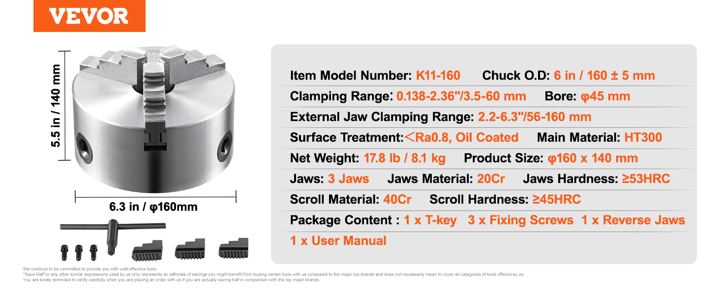 VEVOR 3-jaw lathe chuck with model number k11-160, 6 in o.d, dimensions, and jaw specifications.