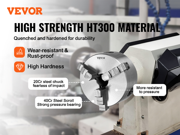 VEVOR 3-jaw lathe chuck with high strength ht300 material, wear-resistant, rust-proof, and high hardness.