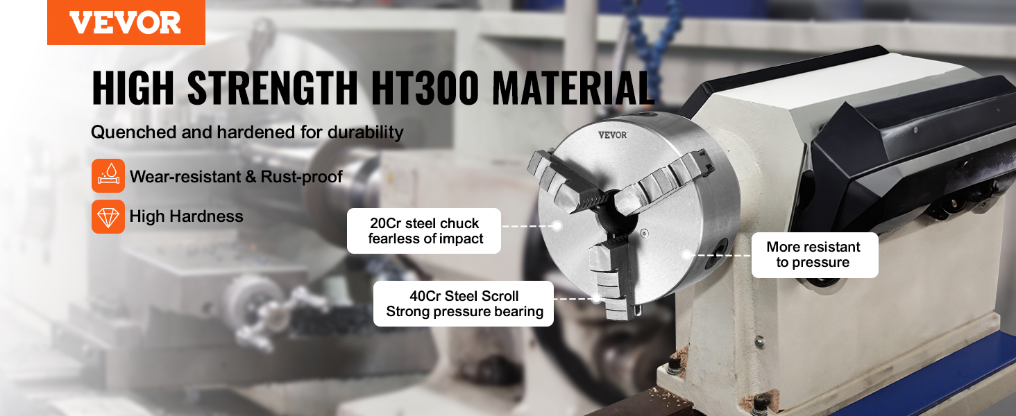 VEVOR 3-jaw lathe chuck with high strength ht300 material, wear-resistant, rust-proof, and high hardness.