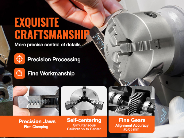 VEVOR 3-jaw lathe chuck with precision jaws, self-centering, and fine gears for exquisite craftsmanship.