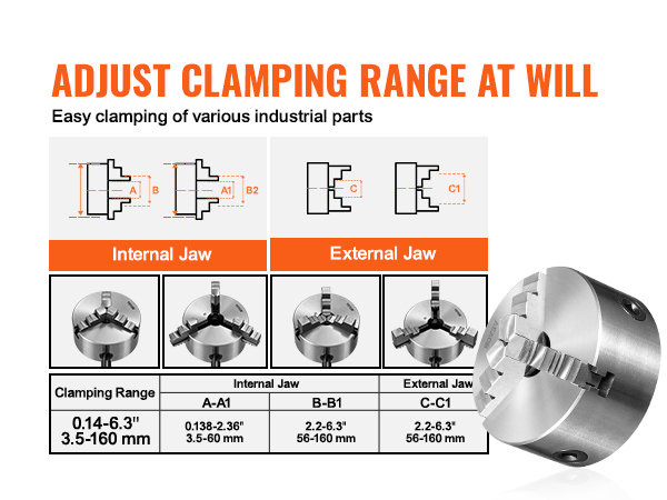 VEVOR 3-jaw lathe chuck with adjustable clamping range for internal and external jaws.
