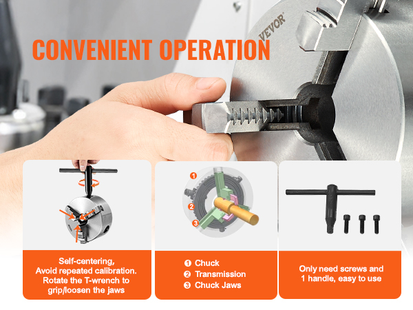 VEVOR 3-jaw lathe chuck highlighted with self-centering convenience and easy calibration features.