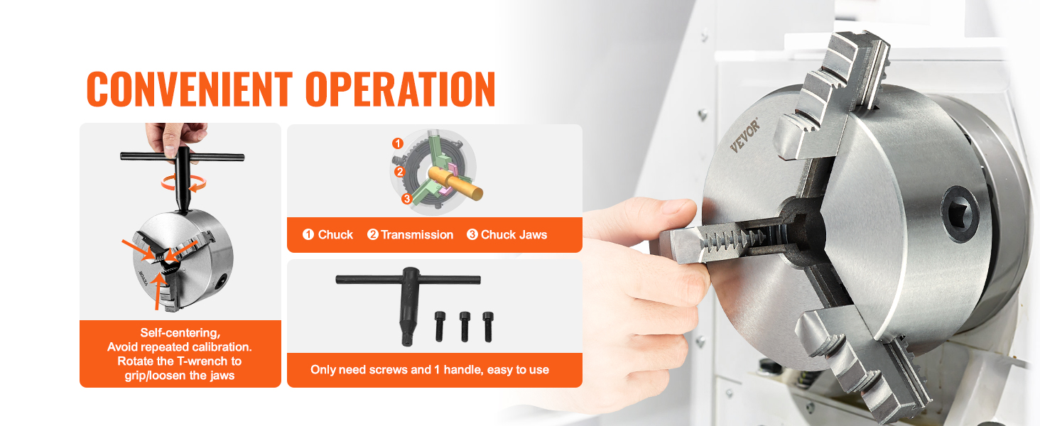 VEVOR 3-jaw lathe chuck highlighted with self-centering convenience and easy calibration features.