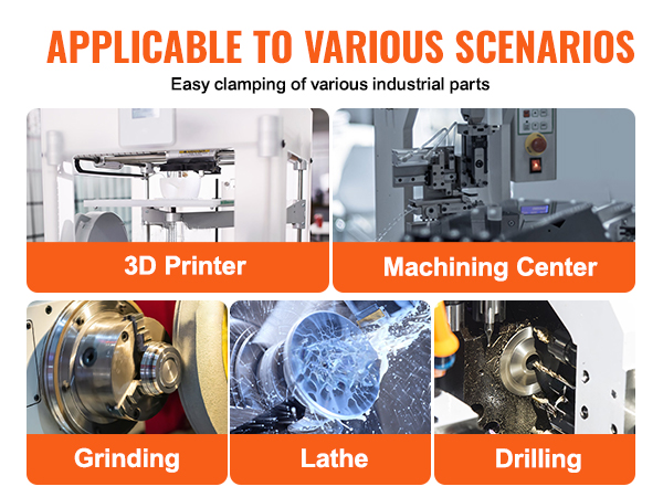 various scenarios for VEVOR 3-jaw lathe chuck: 3d printer, machining center, grinding, lathe, drilling.