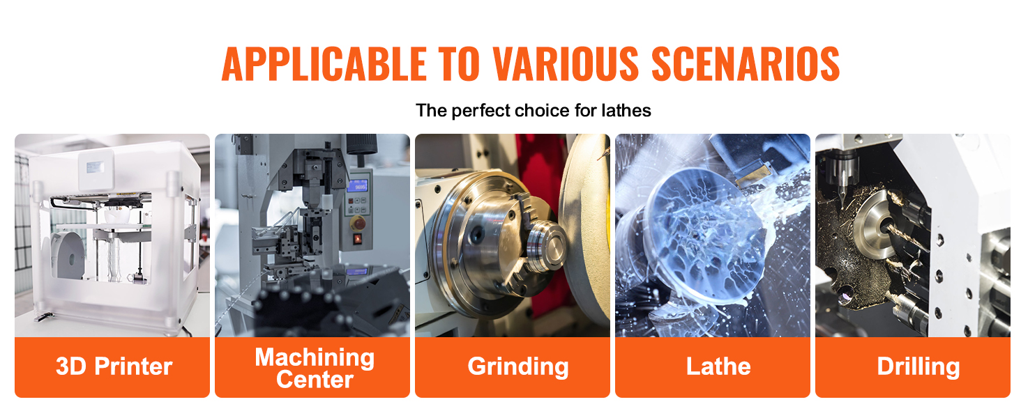 various scenarios for VEVOR 3-jaw lathe chuck: 3d printer, machining center, grinding, lathe, drilling.