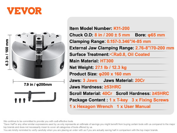 VEVOR 3-jaw lathe chuck with t-key, hexagon wrench, and fixing screws, model k11-200.