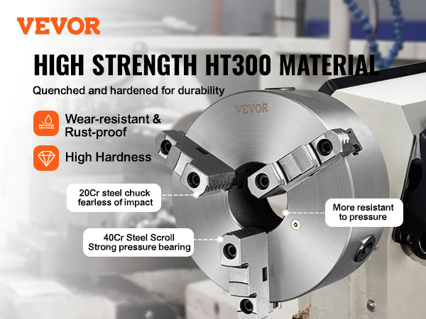 VEVOR 3-jaw lathe chuck, high strength ht300 material, wear-resistant, rust-proof, high hardness.