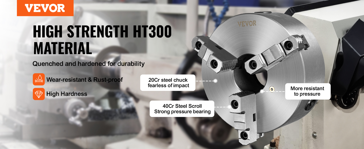 VEVOR 3-jaw lathe chuck, high strength ht300 material, wear-resistant, rust-proof, high hardness.