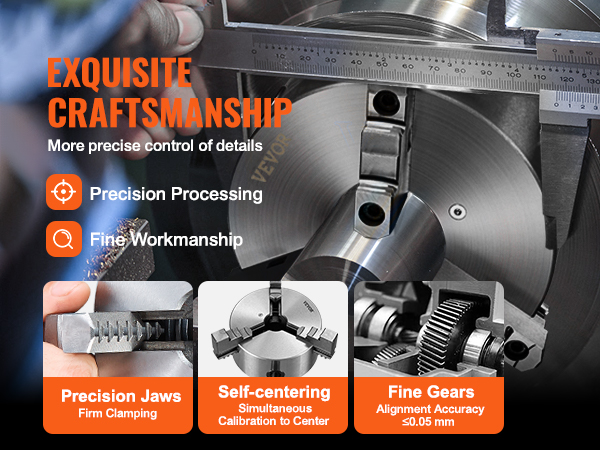 exquisite craftsmanship with VEVOR 3-jaw lathe chuck, highlighting precision jaws and fine gears.