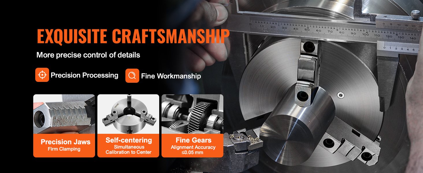exquisite craftsmanship with VEVOR 3-jaw lathe chuck, highlighting precision jaws and fine gears.