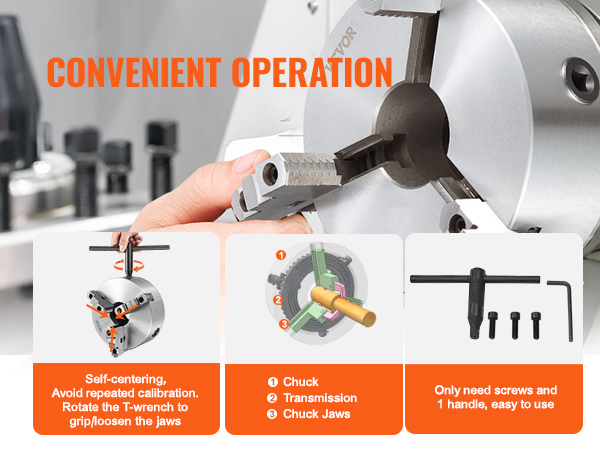 VEVOR 3-jaw lathe chuck with a self-centering feature, t-wrench operation, and easy installation.