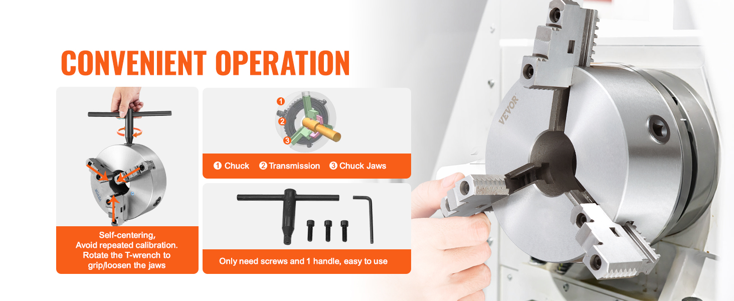 VEVOR 3-jaw lathe chuck with a self-centering feature, t-wrench operation, and easy installation.