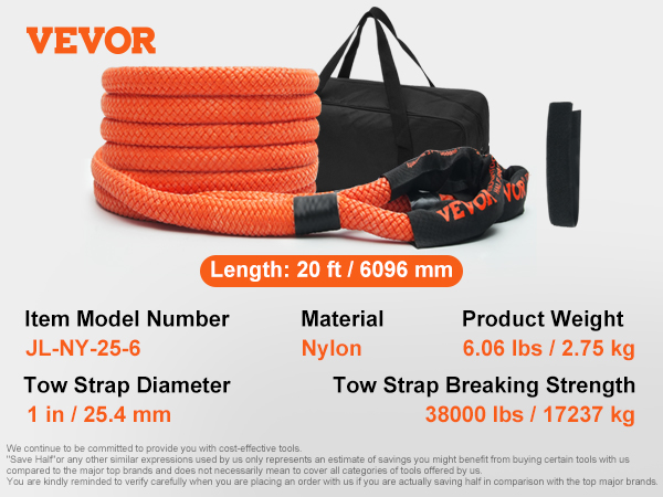 VEVOR kinetic recovery tow rope, 20 ft length, 1 in diameter, 38000 lbs breaking strength, with carry bag.