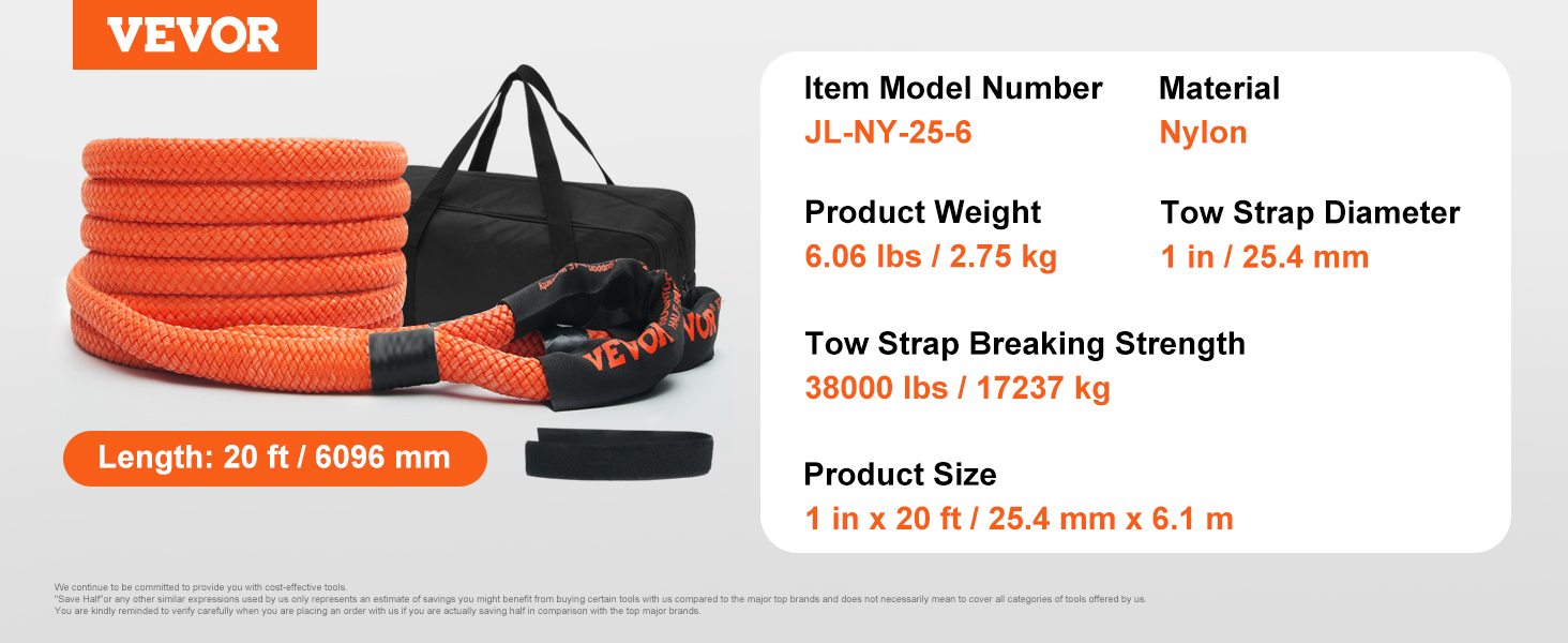 VEVOR kinetic recovery tow rope, 20 ft length, 1 in diameter, 38000 lbs breaking strength, with carry bag.