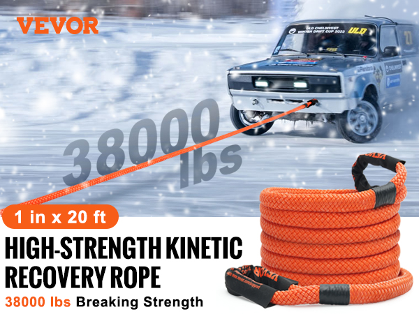 VEVOR kinetic recovery tow rope, 1 in x 20 ft, 38000 lbs breaking strength, with storage bag in snow.